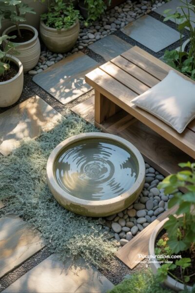 summer landscape ideas with calming garden water feature and peaceful outdoor seating area