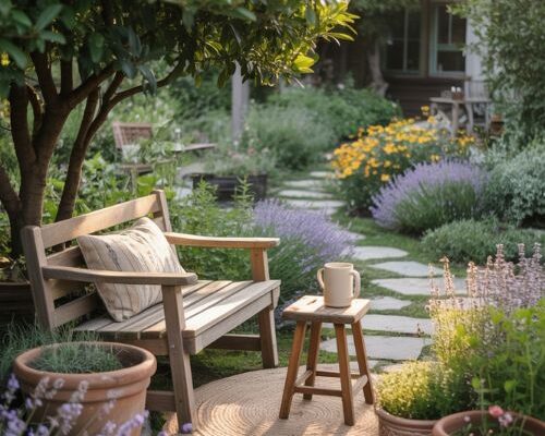 summer landscape ideas with cozy backyard bench and warm evening garden path