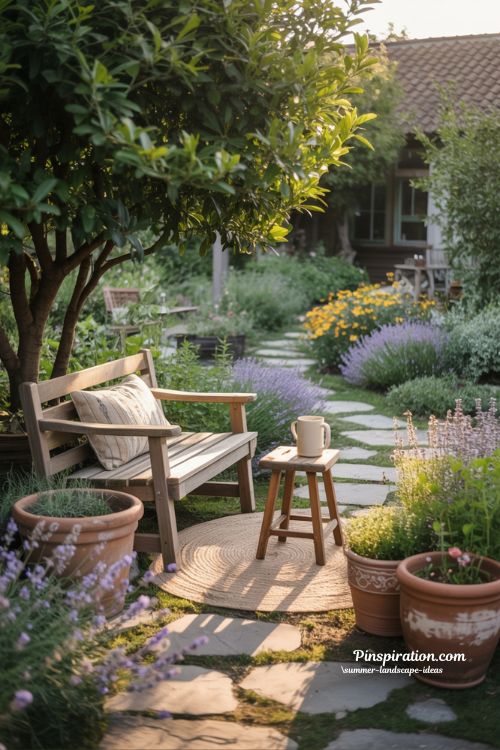 summer landscape ideas with cozy backyard bench and warm evening garden path