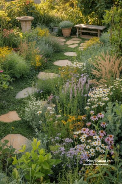 summer landscape ideas with pollinator friendly natural garden full of wildflowers and butterflies