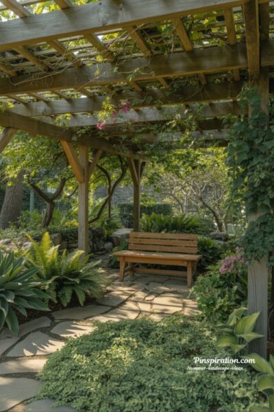 summer landscape ideas with shade garden pergola and cool relaxing outdoor seating area