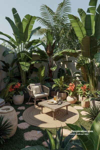 summer landscape ideas with tropical garden backyard and lush leafy resort style plants