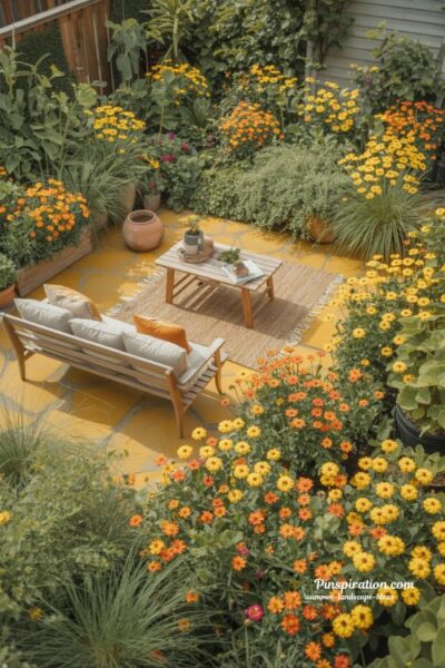 summer landscape ideas with vibrant backyard oasis and cozy shaded seating area