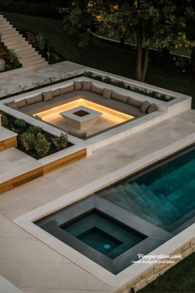sunken pool backyard design with modern multi level layout and cozy outdoor entertaining space