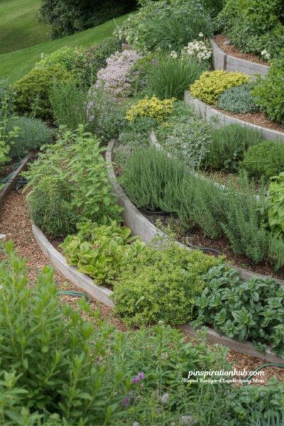 tiered garden beds for sloped backyard landscaping with flowers herbs and vegetable planting design
