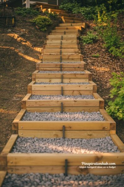 timber landscape steps on sloped backyard hillside DIY garden staircase with treated wood and gravel drainage warm natural lighting