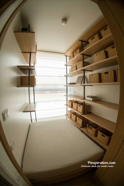 vertical storage ideas for small bedroom wall shelves tall storage space saving minimalist room design