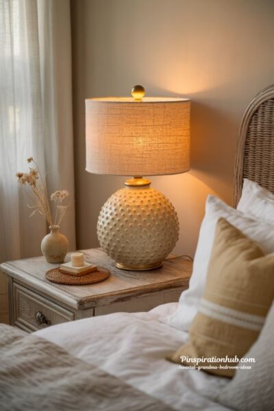 vintage ceramic and brass table lamp in coastal grandma bedroom with warm seaside cottage lighting mood