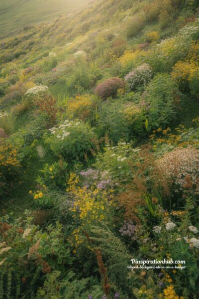 wildflower meadow on sloped backyard with native blooms and erosion control grasses self sustaining natural hillside garden in golden hour light