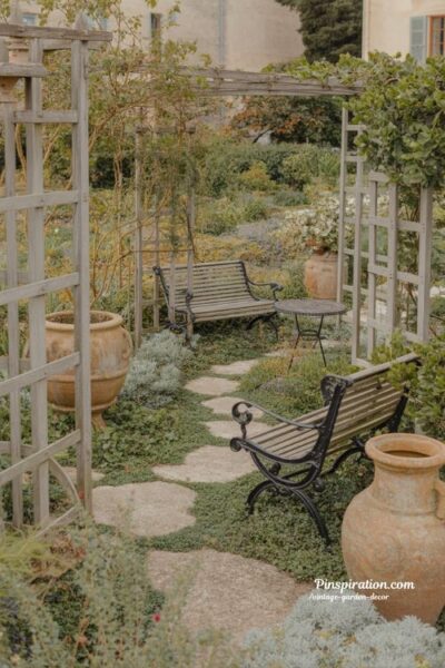 year round vintage garden with seasonal flowers and timeless cottage pathway aesthetic