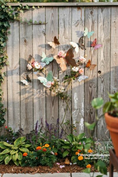 3D metal butterfly wall art creating a natural flight pattern on a garden fence with flowers