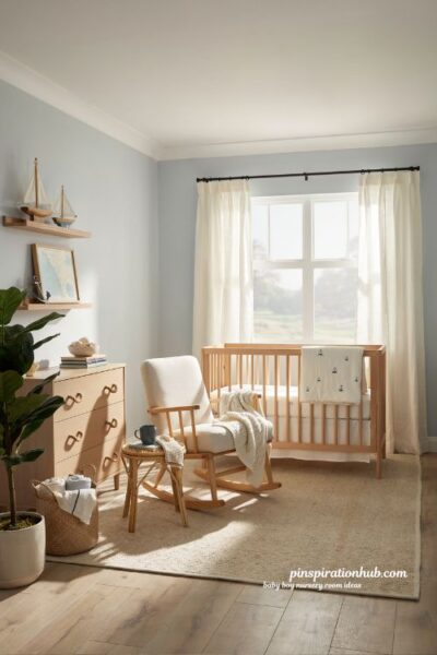 Baby boy nursery room ideas with coastal decor natural wood crib and sailboat accents