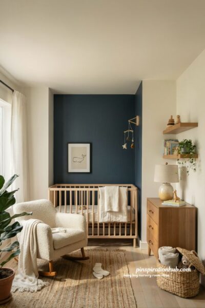 Baby boy nursery room ideas with deep navy accent wall and warm wood decor