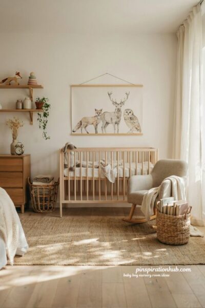 Baby boy nursery room ideas with handcrafted woodland animal wall art above the crib