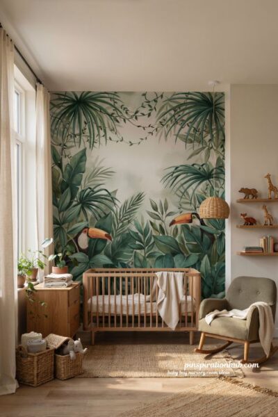 Baby boy nursery room ideas with jungle mural wall and natural tropical decor
