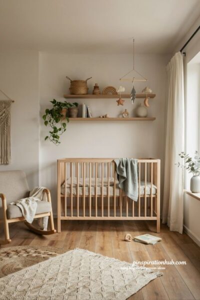 Baby boy nursery room ideas with layered textures rugs baskets and woven decor