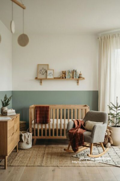 Baby boy nursery room ideas with mountain theme two tone walls forest green and plaid decor
