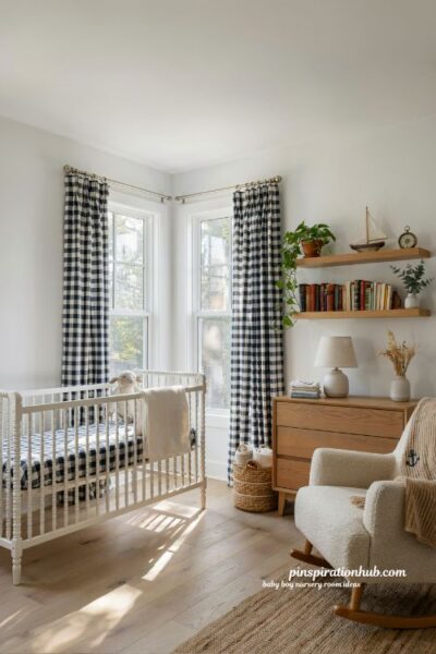 Baby boy nursery room ideas with navy and white gingham curtains and classic preppy decor