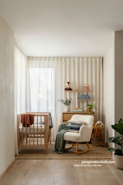 Baby boy nursery room ideas with neutral walls natural wood furniture and colorful accessories