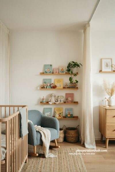 Baby boy nursery room ideas with open forward facing bookshelves and toy display decor