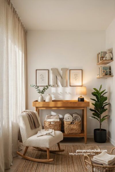 Baby boy nursery room ideas with personalized wooden letters above the changing table