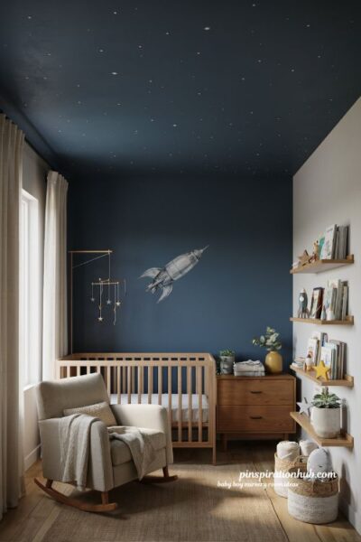 Baby boy nursery room ideas with space theme rocket decals galaxy colors and star decor