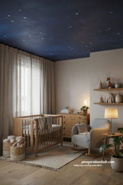 Baby boy nursery room ideas with starry night ceiling and cozy celestial decor