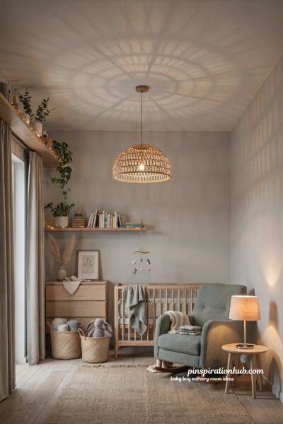 Baby boy nursery room ideas with statement lighting rattan pendant and cozy ambient glow decor