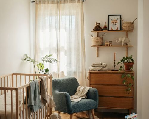 Baby boy nursery room ideas with warm neutral colors and cozy woodland inspired decor