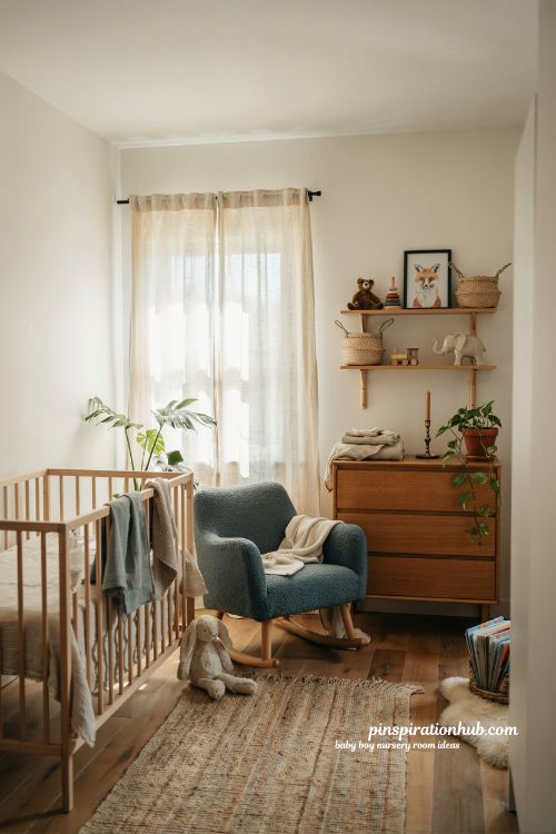 Baby boy nursery room ideas with warm neutral colors and cozy woodland inspired decor