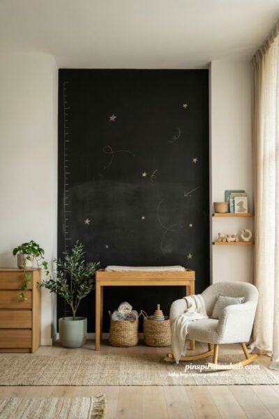 Baby boy nursery room ideas with woodland reading nook under window seat and cozy bookshelf decor