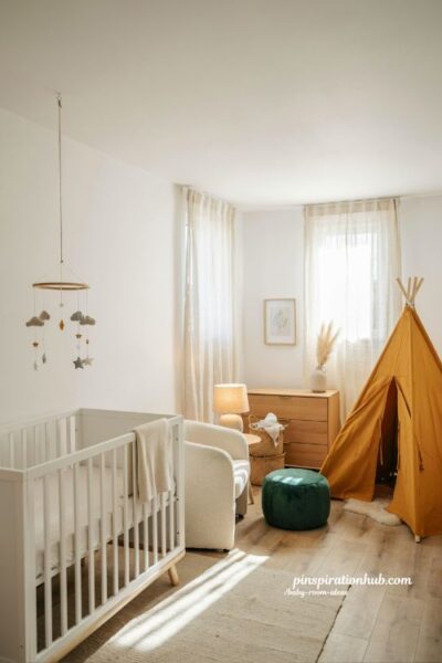Baby room ideas with bold yellow accent decor in neutral white nursery design