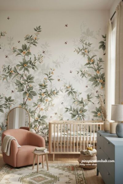 Baby room ideas with botanical wallpaper and unexpected nursery paint color accents