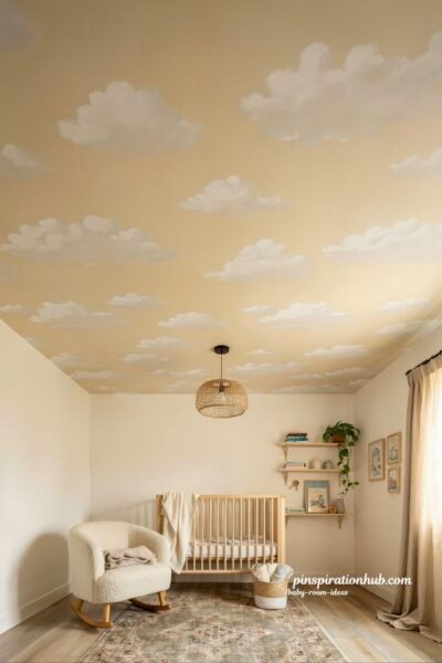 Baby room ideas with ceiling wallpaper above crib and soft vintage nursery decor