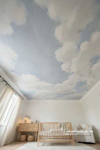 Baby room ideas with cloud print ceiling wallpaper and dreamy sky nursery decor