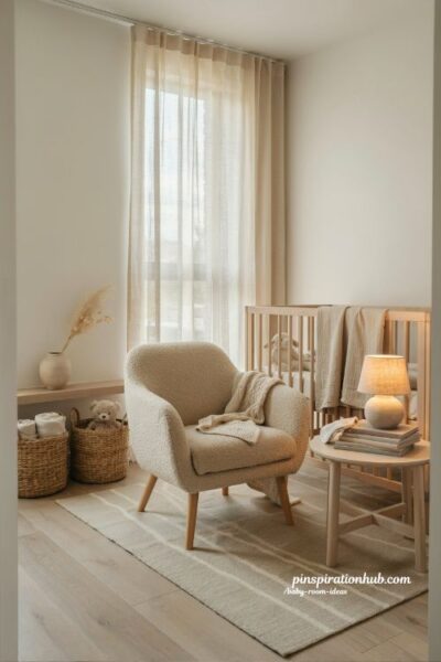 Baby room ideas with comfortable reading chair and timeless nursery furniture design