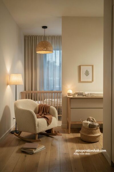 Baby room ideas with layered nursery lighting and cozy warm nighttime decor