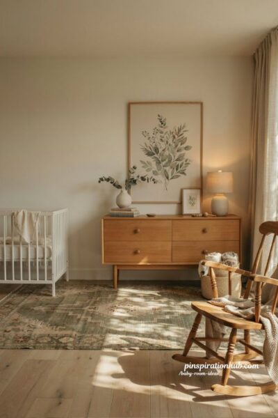 Baby room ideas with oversized wall art and calm neutral nursery decor