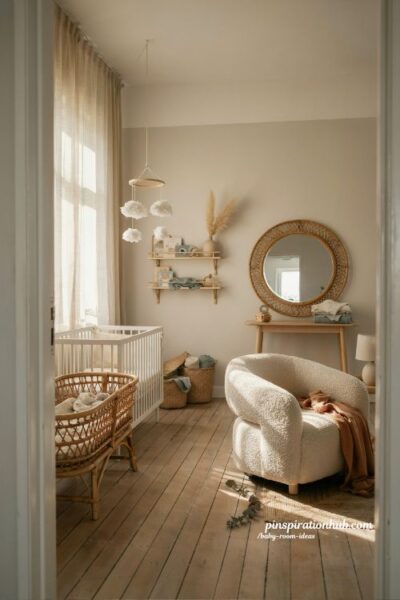 Baby room ideas with rattan nursery decor and warm woven natural textures