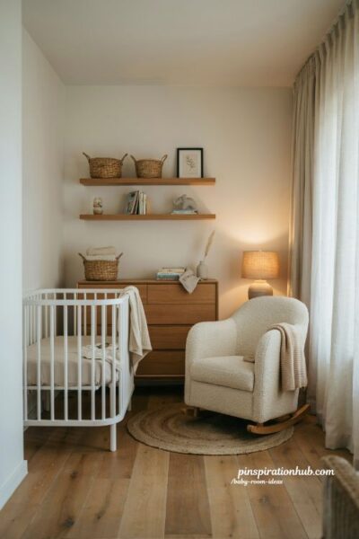 Baby room ideas with warm wood tones and neutral nursery decor contrast design