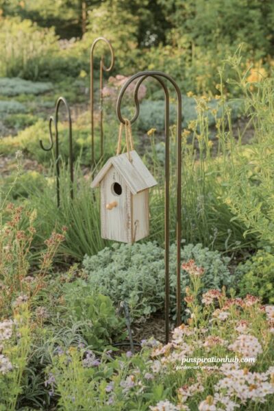 Birdhouse on shepherds hook in a cottage garden with layered floral beds
