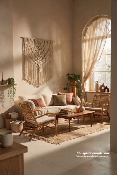 Boho mid century modern living room with rattan chairs and warm natural textures