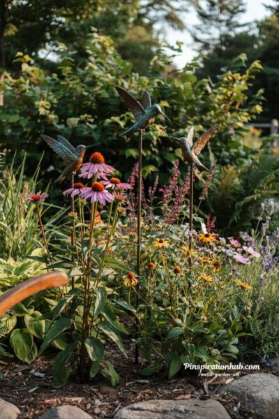 Bronze hummingbird garden stakes creating a mid-flight illusion in a blooming flower border