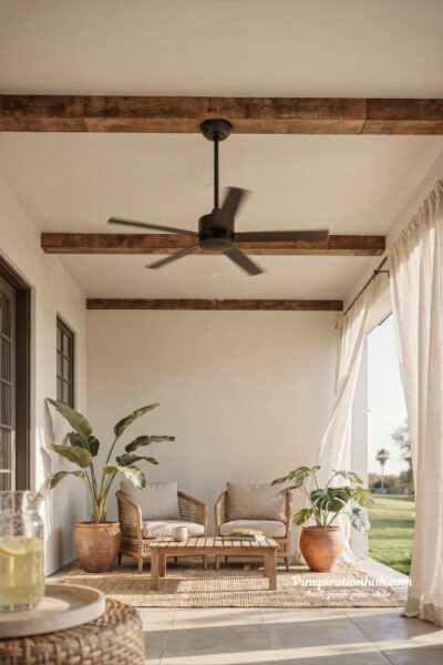 Ceiling fan back porch patio ideas for hot weather comfort with modern farmhouse outdoor design