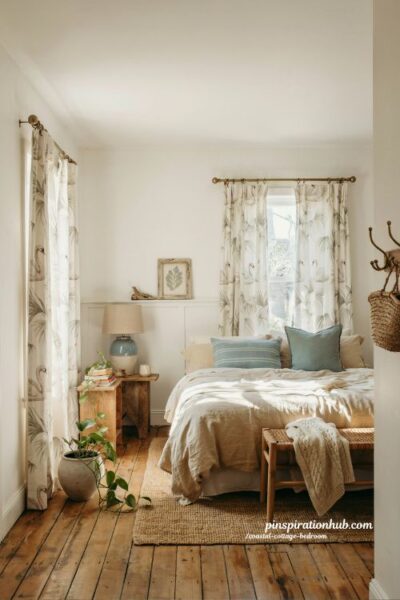 Coastal cottage bedroom with botanical curtain panels and relaxed island cottage decor