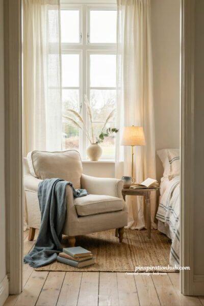 Coastal cottage bedroom with cozy reading corner and vintage slipcovered chair