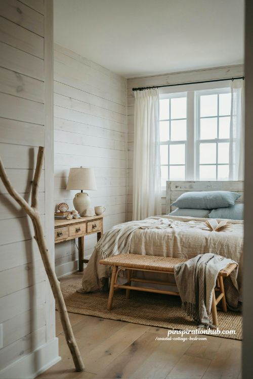 Coastal cottage bedroom with layered linen bedding and soft seaside cottage decor