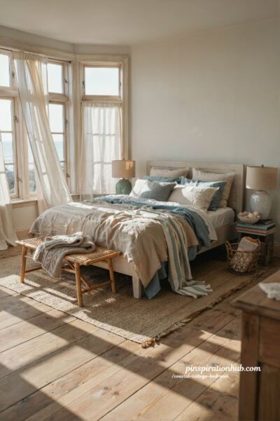 Coastal cottage bedroom with layered linen bedding in soft ocean inspired tones