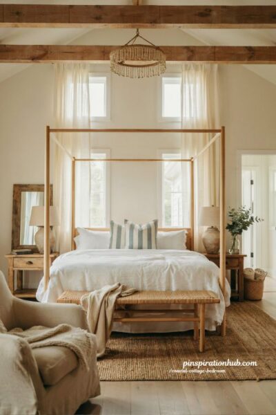 Coastal cottage bedroom with rattan canopy bed and coastal grandma style decor