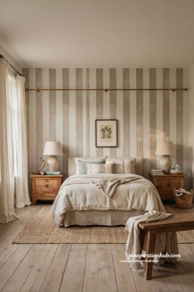 Coastal cottage bedroom with soft neutral painted stripe walls and layered cottage decor